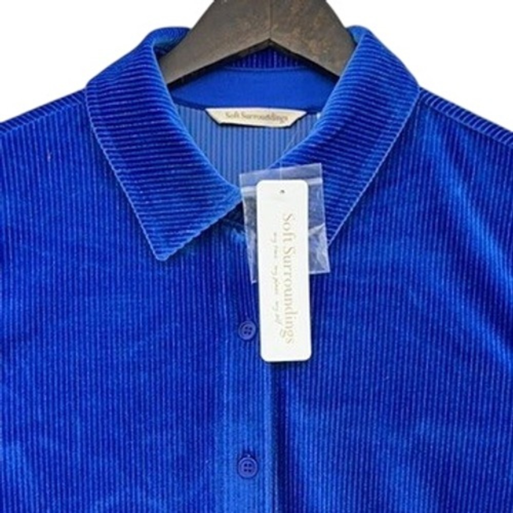 Soft Surroundings Sapphire Blue Textured Velvet Boyfriend Tunic Button Up Shirt
